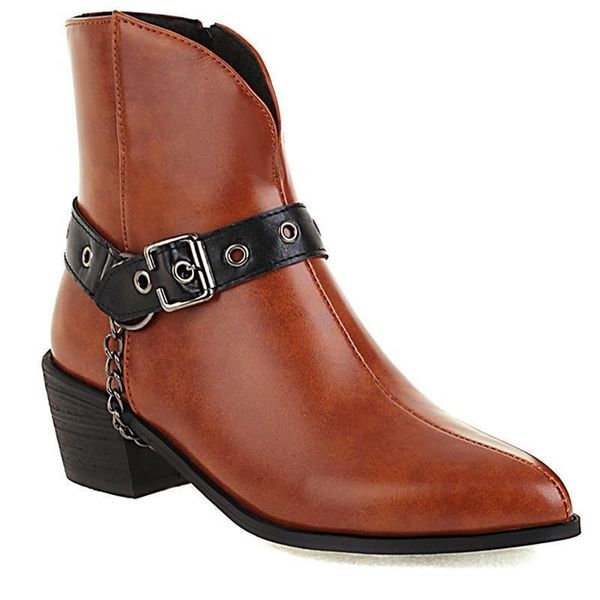 

boots women's pointed toe chunky heel pu leather belt buckle western cowboy fashion lady's large size booties fall winter dating, Black