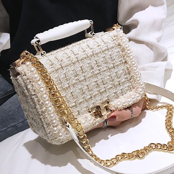 

2021 winter fashion new female square tote bag quality woolen pearl women's designer handbag ladies chain shoulder crossbody bag