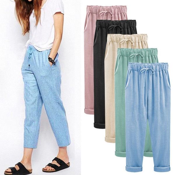 

women's pants & capris women cotton summer 2021 solid elastic waist clothing casual for ankle length, Black;white