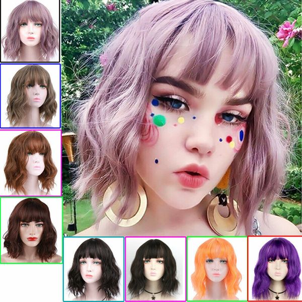 

curly wavy bob wig with bangs short wigs for women synthetic shoulder length, Black