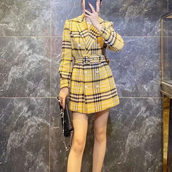 

casual dresses 2021 winter print plaid woolen v-neck long sleeve belt slim fit temperament suit dress women's clothing high quality, Black;gray