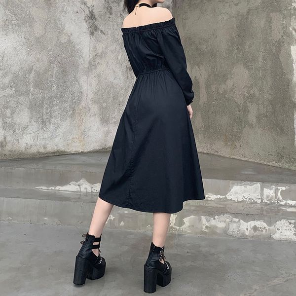 

vintage lace up black dress goth off shoulder long dress women elegant long sleeve high waist slit dress partywear, Black;gray