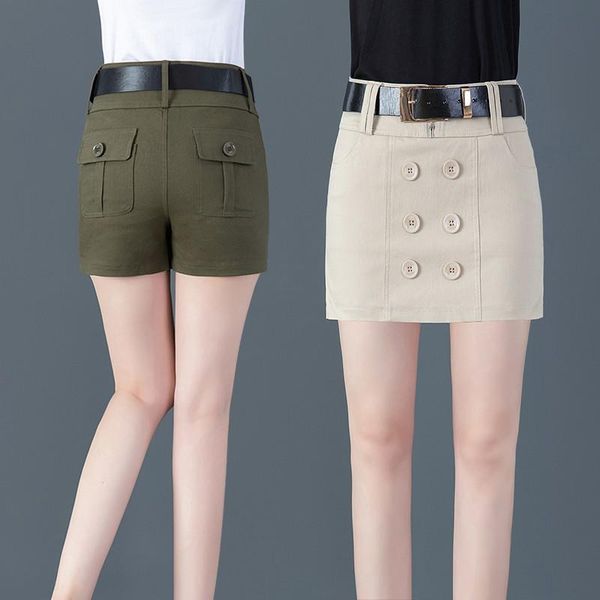 

women's shorts summer autumn casual jeans women high waist pocket double breasted denim skirts lady a line skirt with belt, White;black
