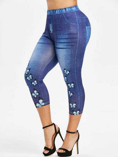 

women's leggings plus size 3d butterfly pattern cropped jeggings, Black