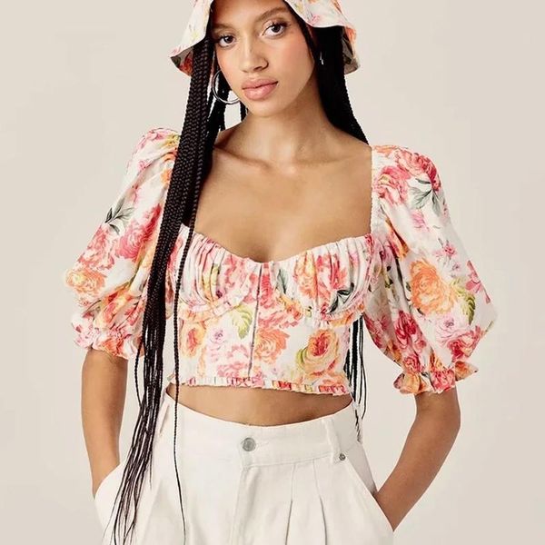 

women's blouses & shirts shirred cups blouse women puff sleeve elastic waist chic summer ruffle hem ladies womens and, White