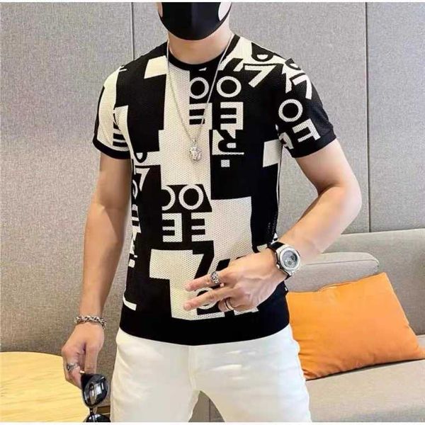 

silk short ice sleeve men's summer fashion printing brand round neck slim t-shirt 2021 korean leisure half, White;black