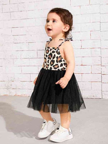 

baby leopard knot shoulder mesh overlay cami dress she, Red;yellow