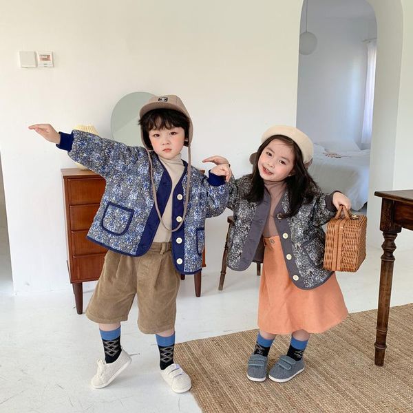 

autumn winter boys girls retro floral quilted jackets kids children fashion coats outwears, Blue;gray