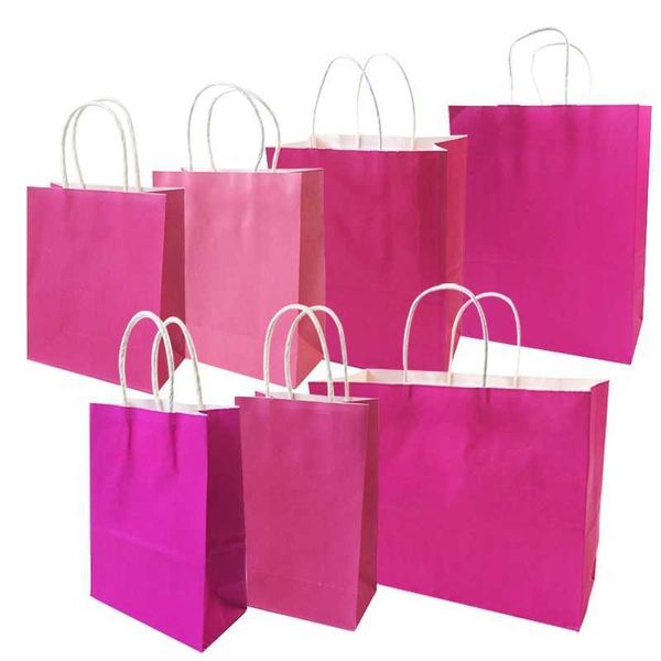 10 Teile/los Festival Geschenk Kraft Tasche Rosa Einkaufstaschen DIY Multifunktions Recycelbare Papiertüte mit Griffen 7 Größe Optional 210724