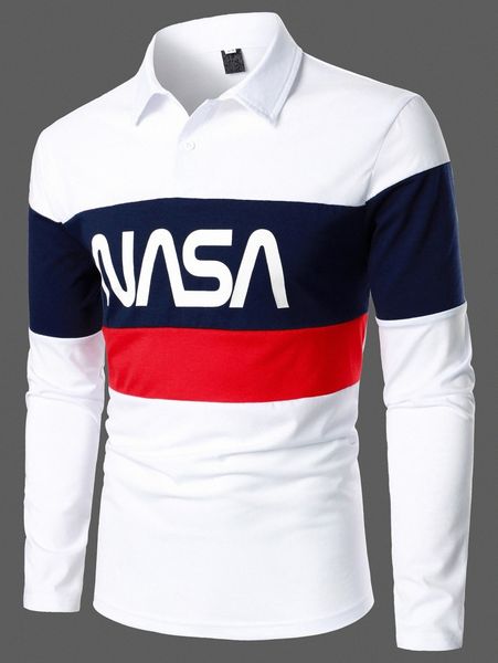 

men letter colorblock button front polo shirt i5sz#, White;black
