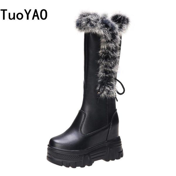 

boots winter women snow women's shoes for woman booties 10cm heels female mid-calf ladies warm fur plush thick botas mujer, Black