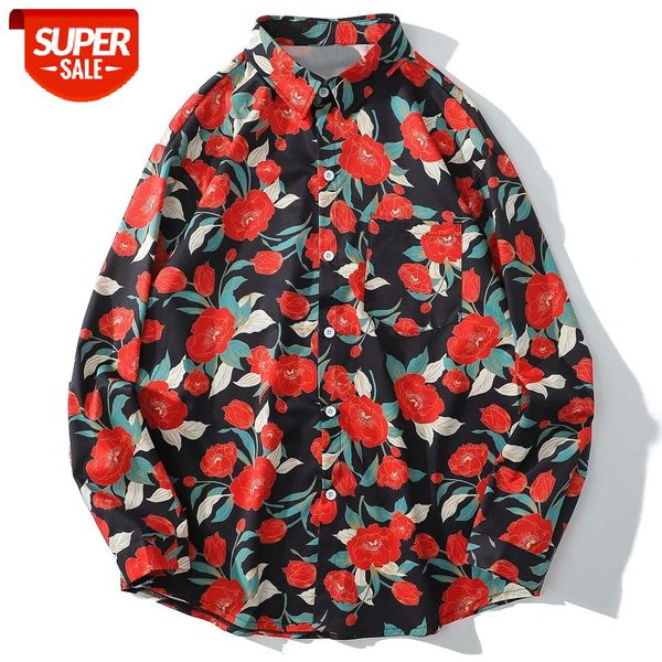 

red peony flowers print long sleeve casual shirts 2020 harajuku streetwear shirts cotton loose hawaiian beach mens #pd3a, White;black