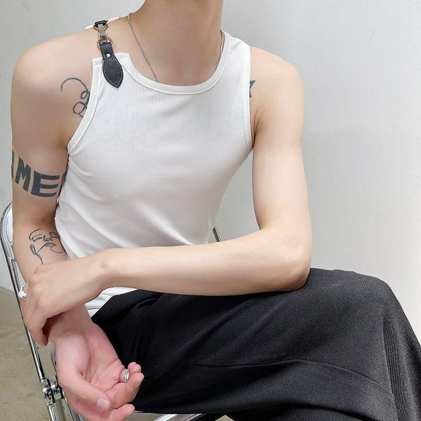 

men' tank metal buckle trend knitting summer men' crew neck sleeveless tee 2021 niche design personalized, White;black