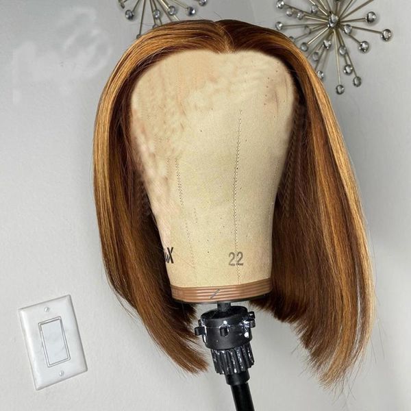

synthetic wigs natural skin middle part short bob brown blond mixed highlight color fiber hairline full, Black