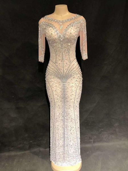 

silver beading club mesh elasticity dress dancer costumes vphn, White