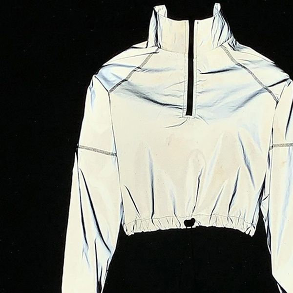 

fall women reflective zipper jackets loose bling luminous jackets drawstring collect waist outcoat jogger jackets windbreaker, Black;brown