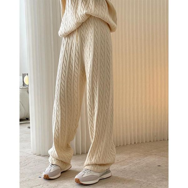 

women's pants & capris cable knitted women casual loose wide leg trousers, Black;white