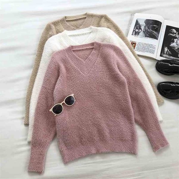 Herbst Winter Pullover Pullover Frauen Casual Langarm V-ausschnitt Flauschige Gestrickte Pullover Koreanische Mode Top 210525