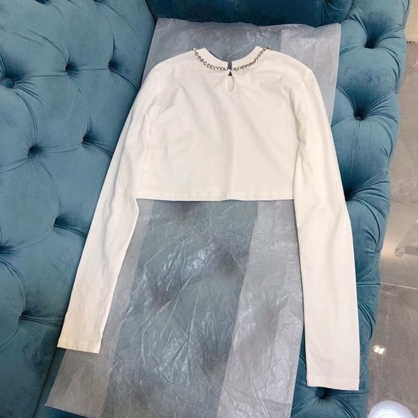 

1.16 spring new fashion letter print pattern diamonds o-neck cotton long sleeve short t-shirt women, White