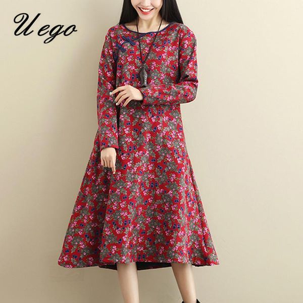 

casual dresses uego thicken fleece warm autumn winter dress print floral vintage plus size women midi vestidos robe elbise, Black;gray