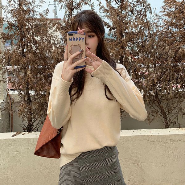 

new 2021 women o-neck pullover casual long sleeve knit female jumpers solid winter basic sweater a5m8, Black