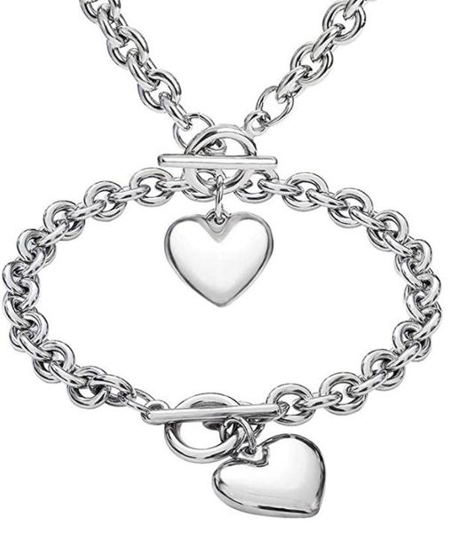 

silver chunky charm stainless steel heart chain choker bracelet and necklace for womens girls fashion valentine jewelry set 8mm 18in+8 in