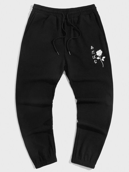

men letter graphic and rose print drawstring sweatpants o6m7#, Black