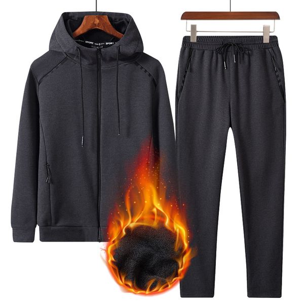 

new 2021 fashion autumn winter men sporting hooded jacket+pants sweat suit fleece thick tracksuits for male clothing cjt9, Gray