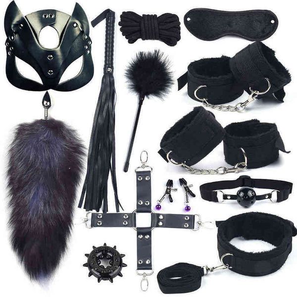 NXY SM Bondage 40 cm Fox Tail Metall Anal Plug Leder Katze Maske Wave Handschellen BDSM Sex Toys Für Frauen Erwachsene 1216