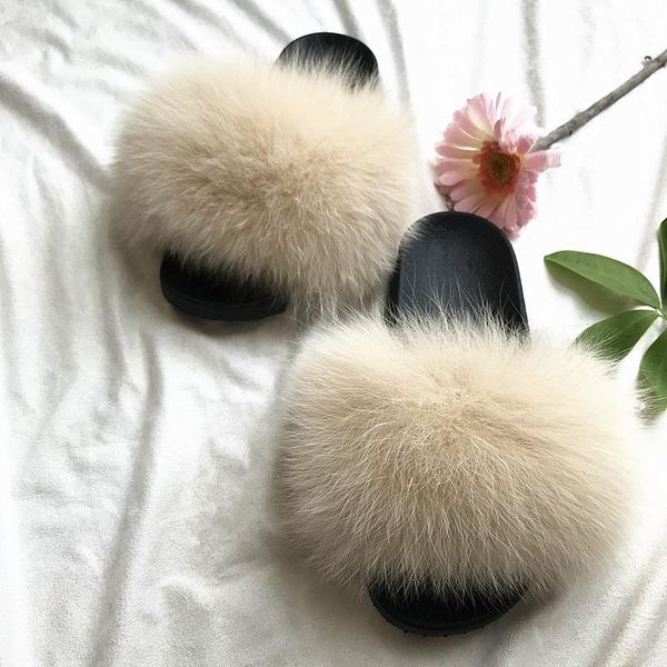 

slippers wholesale fluffy mixed colors genuine real fur slides for girls, Black