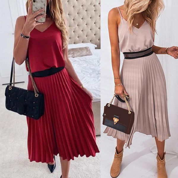 

casual dresses spaghetti strap summer dress women a-line pink female pleated midi office ladies party, Black;gray