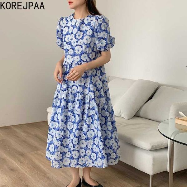 

korejpaa women dress summer korean chic girl sweet round neck oil painting embossed large flowers waist puff sleeve vestido 210526, Black;gray