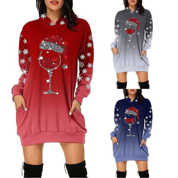 

casual dresses fashion 2021 autumn and winter women's long-sleeved pullover hooded sweatshirt digital printing pocket short dress, Black;gray