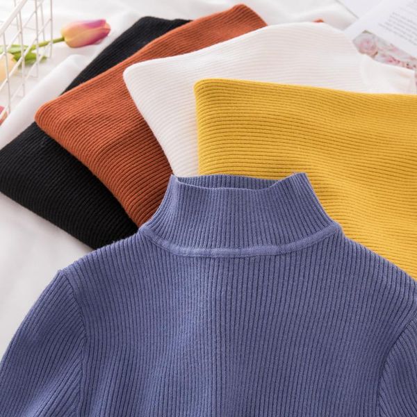 

women's t-shirt half turtleneck elastic t shirt korean fashion clothing 2021 solid color t-shirts y2k ropa mujer kawaii, White