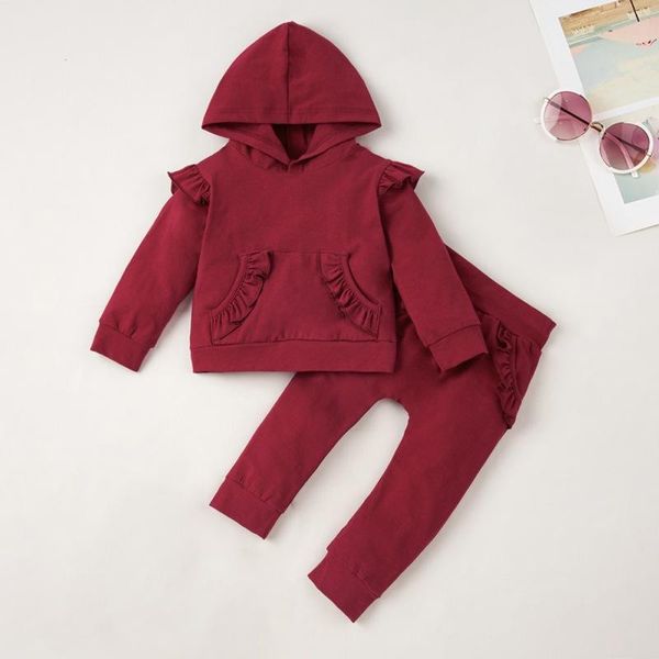 

clothing sets autumn 2pcs baby girl solid color long-sleeved hoodies sweatshirt ruffle pants clothes outfit set fashion kids costume, White
