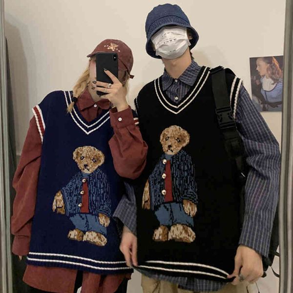 

oversized knitted teddy bear vest loose fitted cute cartoon jumper v neck sleeveless spring autumn fall, Black