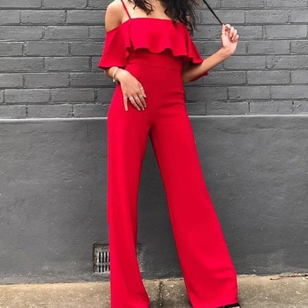 

women's jumpsuits & rompers off the shoulder wide leg jumpsuit women solid ruffles maxi nice high waist pants overalls female long, Black;white