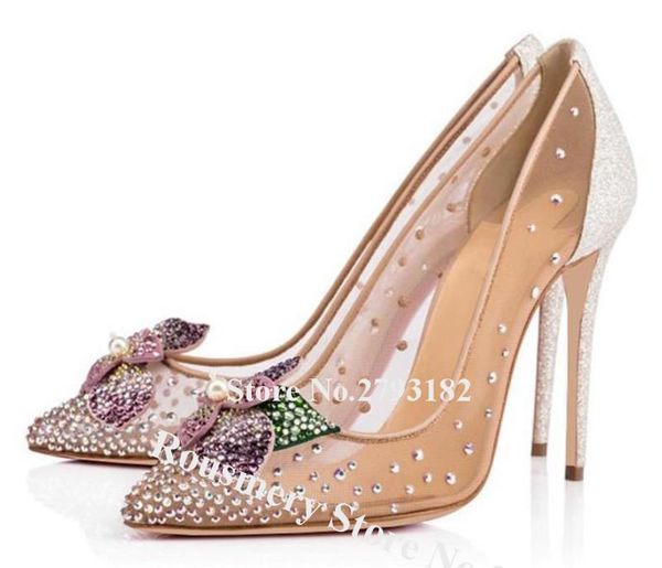 

dress shoes elegant women mesh bling rhinestone flowers stiletto heel pumps pointed toe crystal slip-on high heels wedding, Black