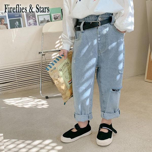 

spring autumn girls jeans baby denim pants kids trousers children bottoms fashion blue high bud waist belt ripped 1 to 7 yrs