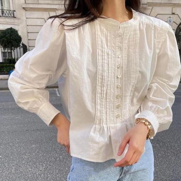 

women's blouses & shirts women pleated shirt white or black long sleeve o-neck 2021 female simple blouse with buttons