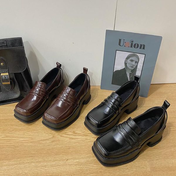 

dress shoes 2021 autumn and winter women square toe platform loafers british style leather wild retro shallow mouth uniform, Black