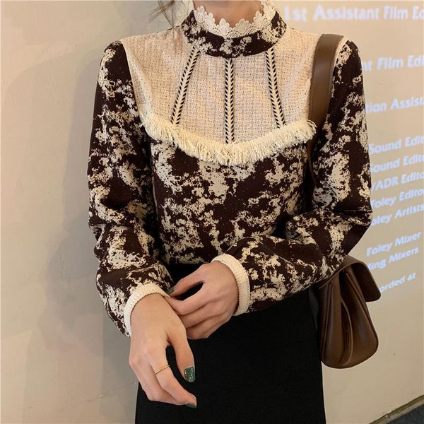 

women's blouses & shirts elegant floral women shirt fashion lace patchwork long sleeve office lady vintage turtleneck blusas, White