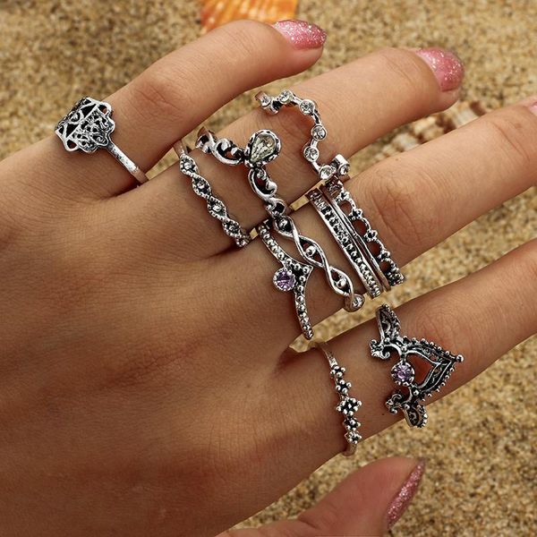 

cluster rings 10pcs/set fashion bohemia set for women girls crystal twist ring above knuckle female engagement wedding jewelry 2021, Golden;silver