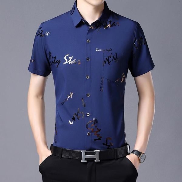 

summer new ice silk short sleeve business printing inch middle aged men's shirt thin dad, White;black