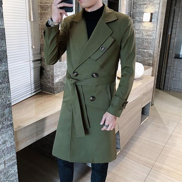 

men's trench coats men trenchcoat british style double breasted lapel collar long slim outwear fashion solid business casual windbreake, Tan;black