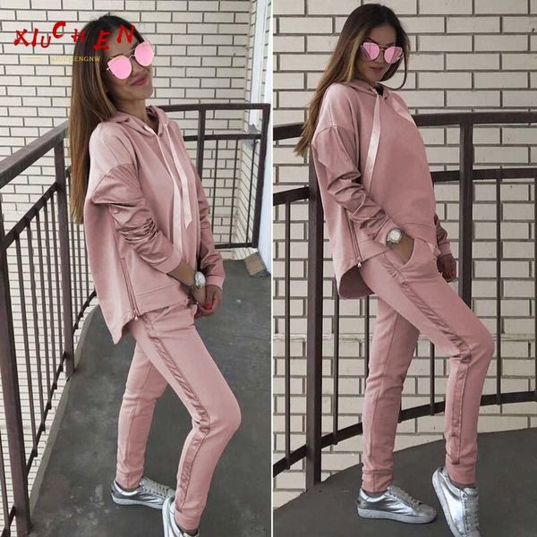 

women's hoodies & sweatshirts women 2 piece sets casual hooded set tracksuit pullover full coat trousers pink sports suit breathable wa, Black