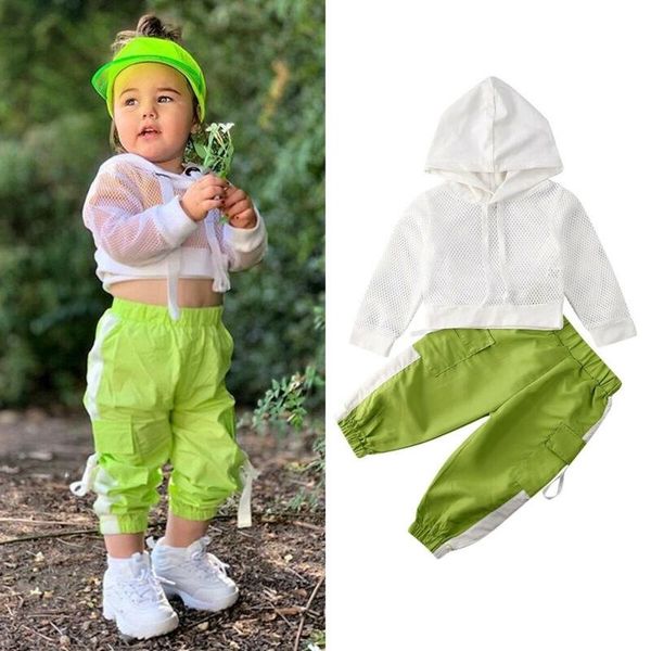 

2 to 7 year toddler girls mesh long sleeve hooded breathable sweater fashion korean cute boutique two-piece kids clothing sets, White