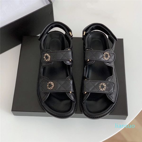 

designer sandals luxury ladies slippers beach flip flops lychee grain leather casual shoes classic flats quilted platform high heels, Black