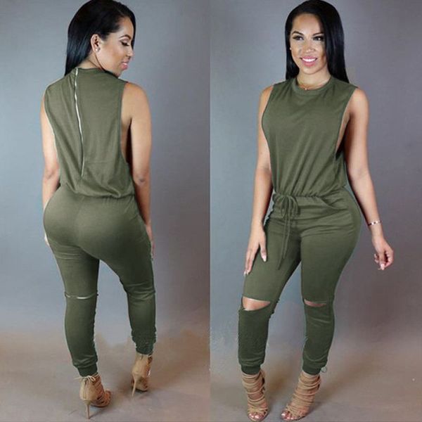 

women hole sleeveless bandage lace up jumpsuit casual rompers overalls for female women o-neck zipper jumpsuits women summer, Black;white