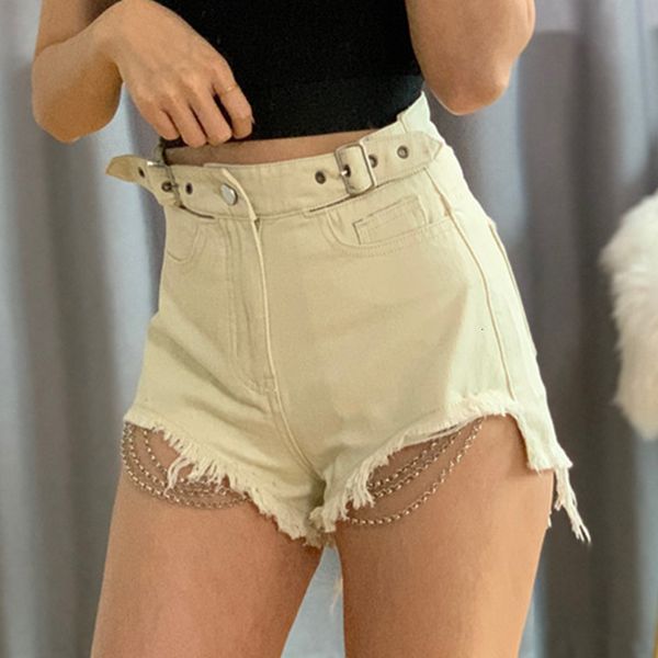 

short jeans fashion retro clothing hollow out taille chain denim shorts broek for women, Blue